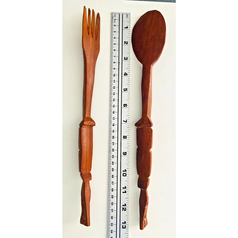 3-Piece Vintage MCM Hand-Turned Monkey Pod Salad Bowl and Serving Utensils